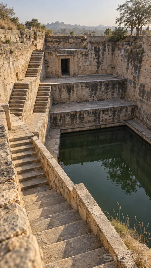 High oblique view into an empty sandstone stepped courtyard, connected straight stair flights and landings leading toward a rectangular dark green basin under morning light.