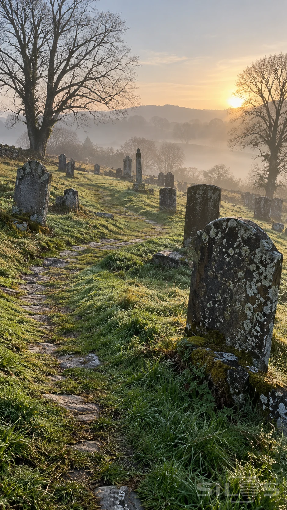 Varied gray weathered headstones in a grassy hillside cemetery, a winding path leading through cool morning mist beneath softly lit trees.