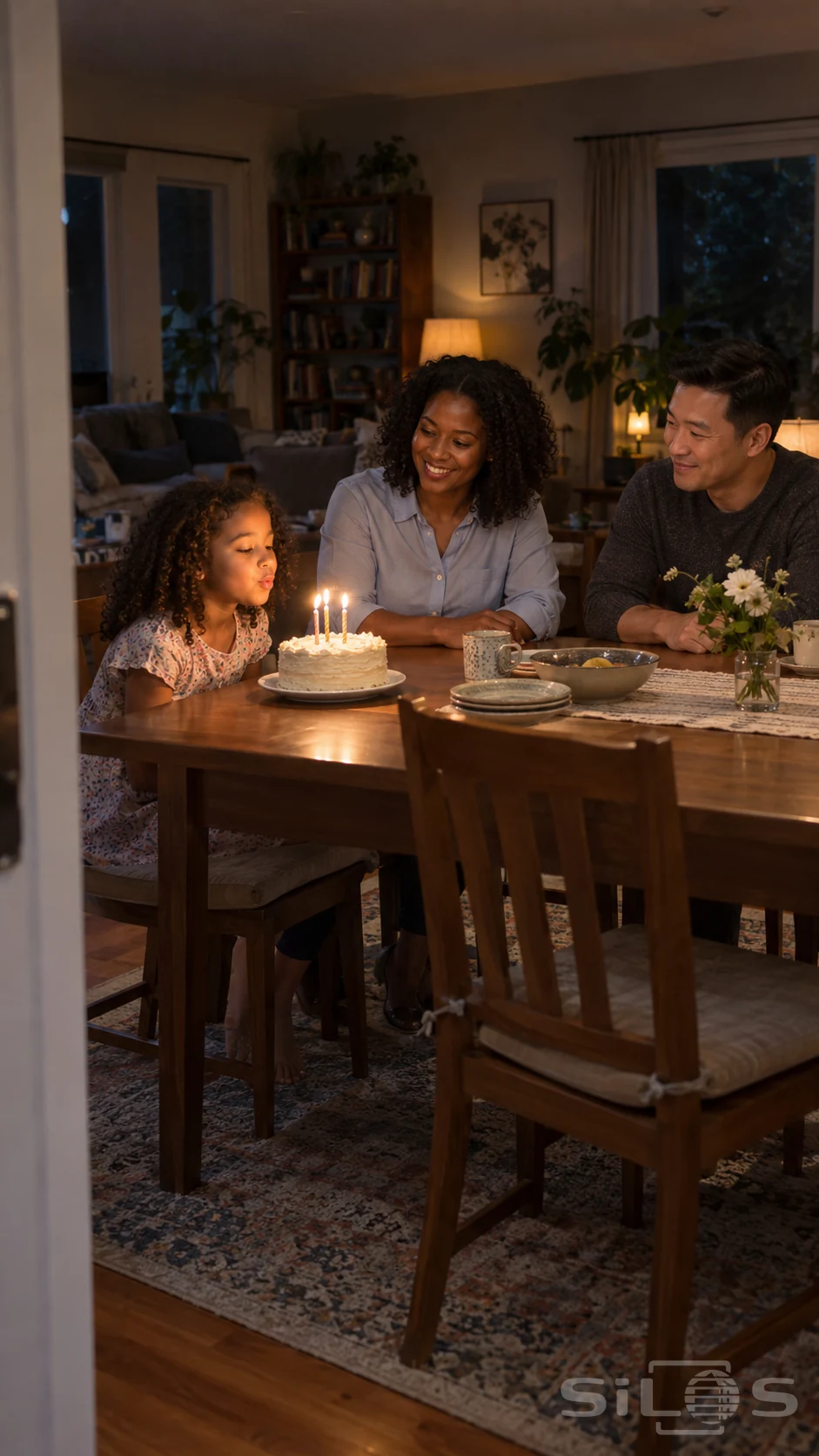 A child leaning toward a small birthday cake with three candles while two adults smile across a table in a home at night.