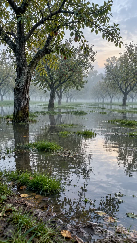 Rows of fruit trees recede through pale mist beyond a wet foreground trunk; shallow water mirrors the branches around green grass islands and fallen leaves.