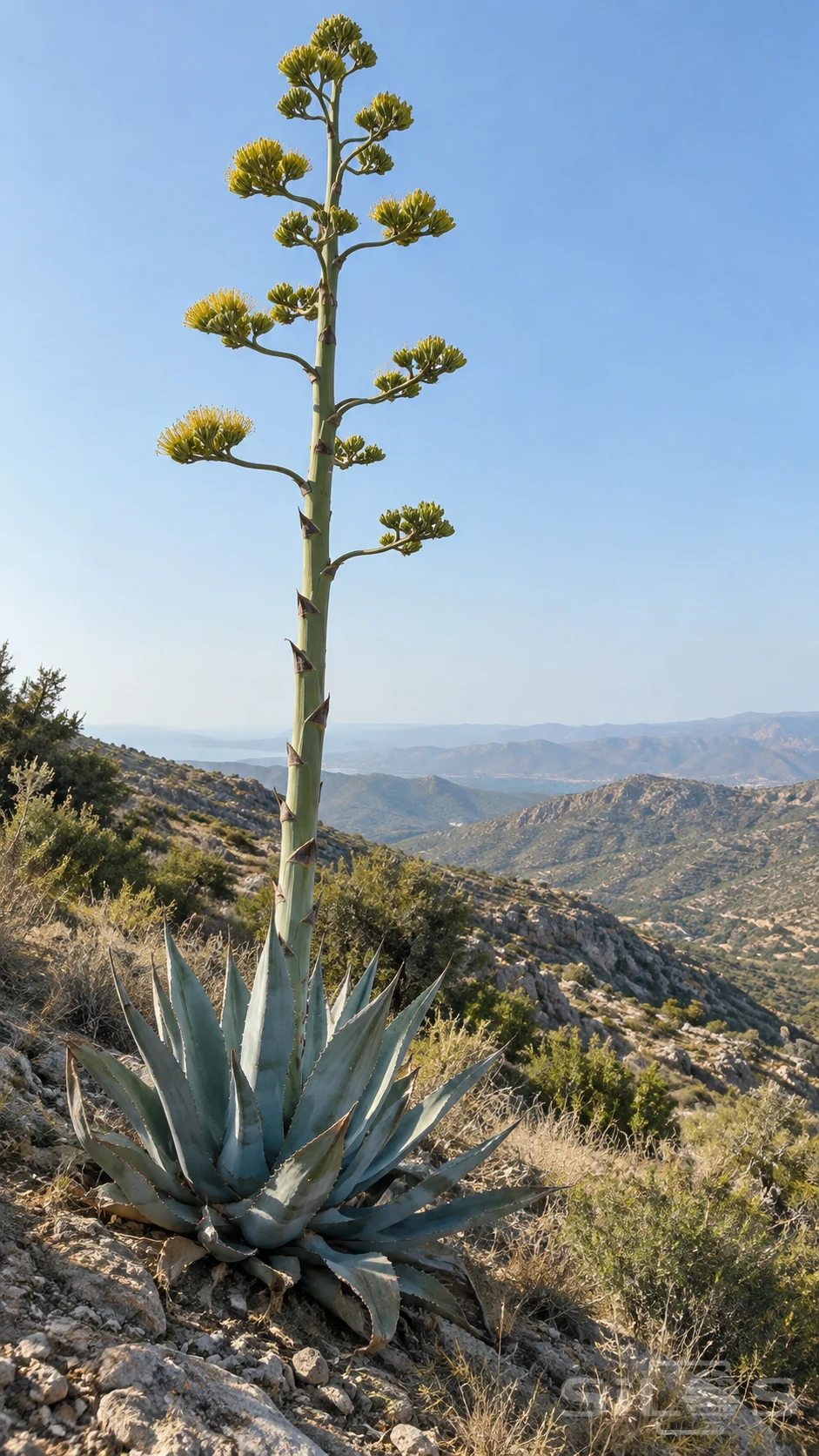 A broad blue-gray agave rosette supports one tall stalk with green-yellow flower clusters on a stony hillside, with dry scrub and layered distant ridges beyond.