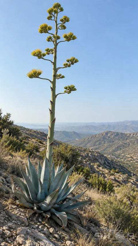 A broad blue-gray agave rosette supports one tall stalk with green-yellow flower clusters on a stony hillside; with dry scrub and layered distant ridges beyond.