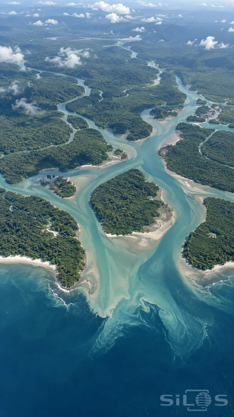 A high aerial view follows broad pale river channels around forested islands toward an open blue coast, with sand margins, water plumes and scattered small clouds.