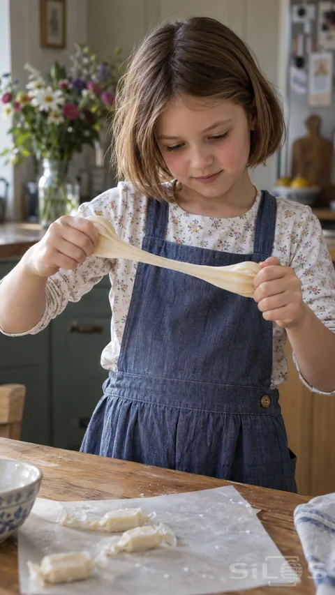 A girl looks down while stretching pale taffy between both hands at a kitchen table, with small candy pieces on paper and a lived-in room behind her.