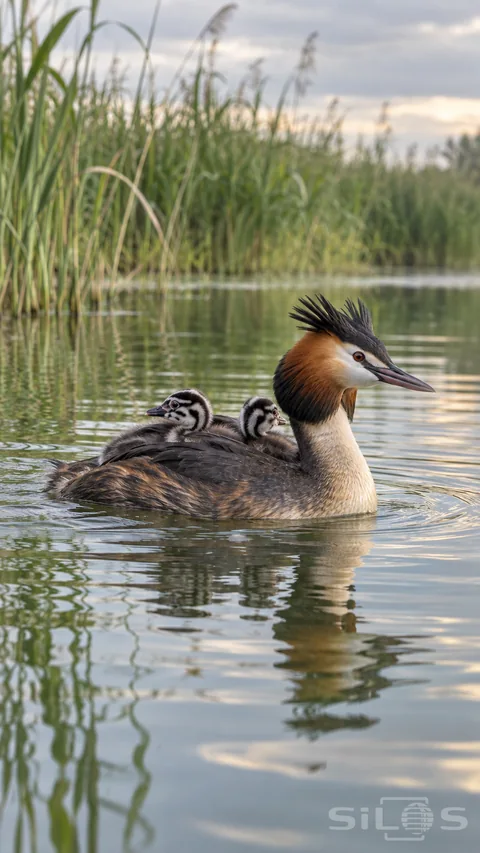 A great-crested grebe swims right with two small striped chicks supported on its back; reflected among lake ripples and reeds.