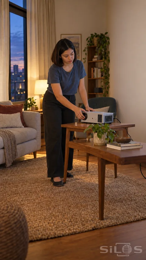 An adult adjusts the lens ring of a compact unbranded projector on a wooden table; a plain wall, sofa and dusk window frame the apartment.