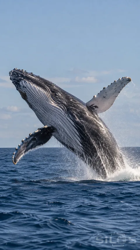 A dark humpback-like whale breaching diagonally over open ocean, two long attached flippers spread, pale ventral pleats and falling water visible beneath a soft blue sky.