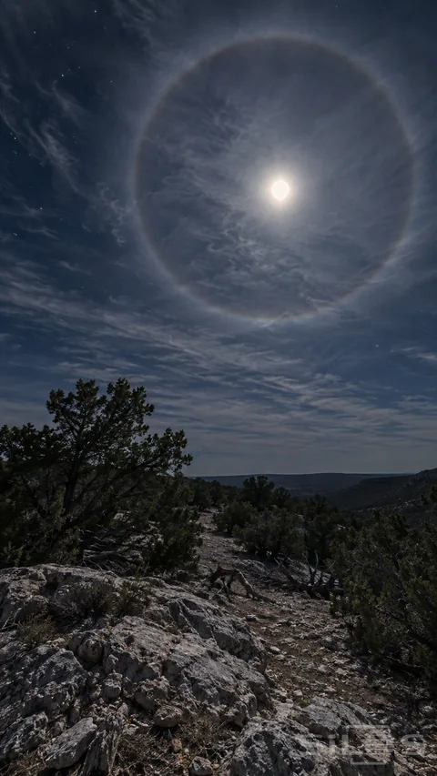 A pale ring around the moon shines through thin cirrus above dark junipers and a rough rocky ridge at night.