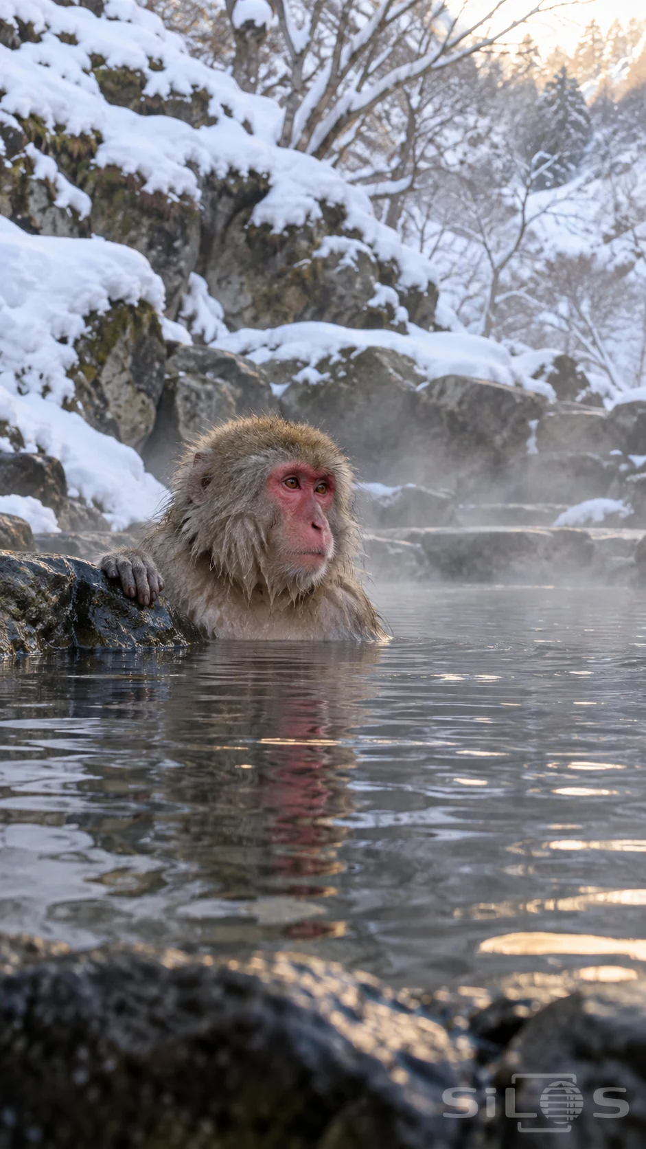 One pink-faced wet macaque partly submerged in a dark reflective rock pool, one hand on a near rock, snowy banks and bare branches behind.