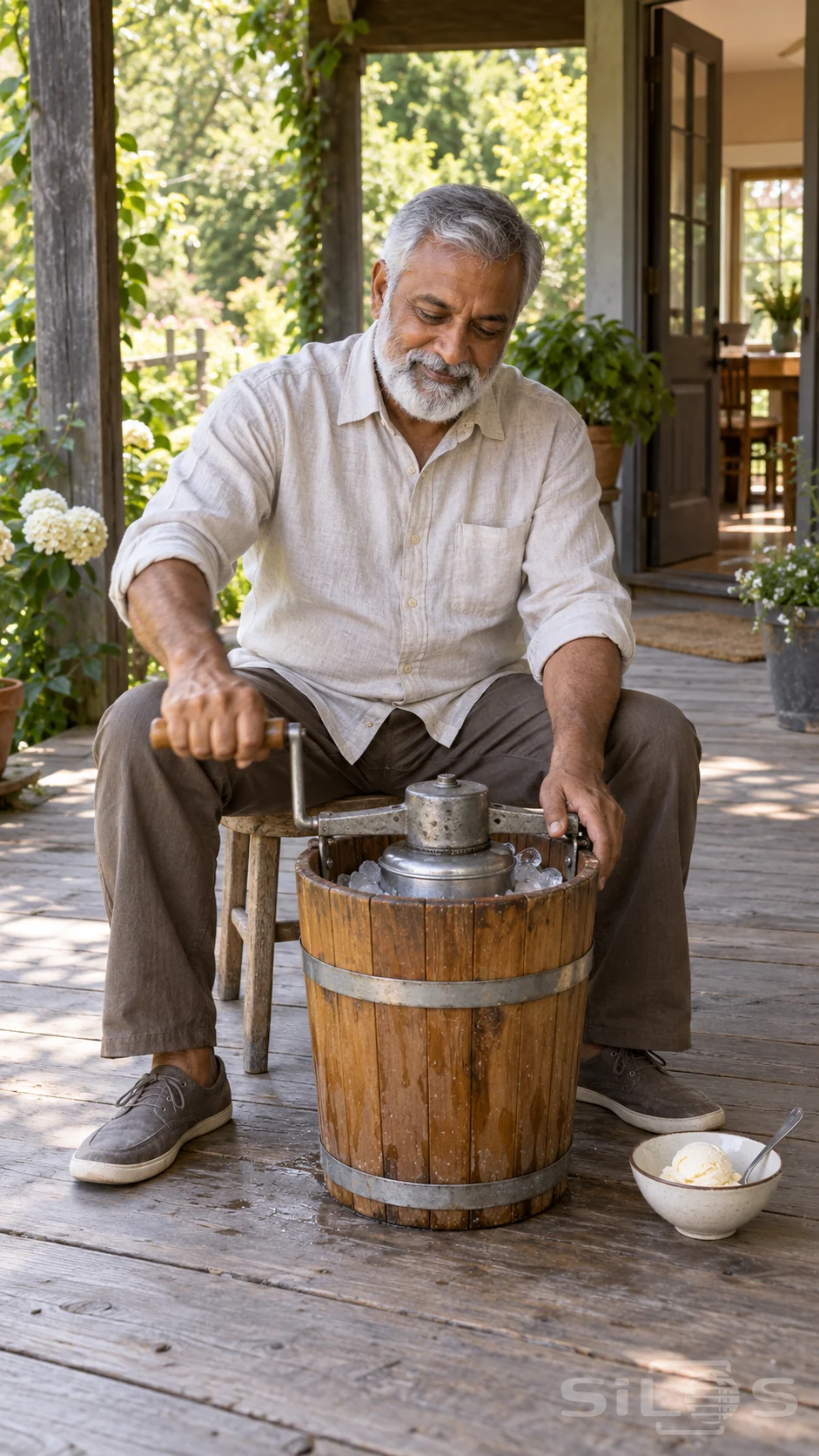 An older adult turns the wooden handle of a manual ice-cream freezer on a shaded porch, with a small bowl of vanilla ice cream beside it.