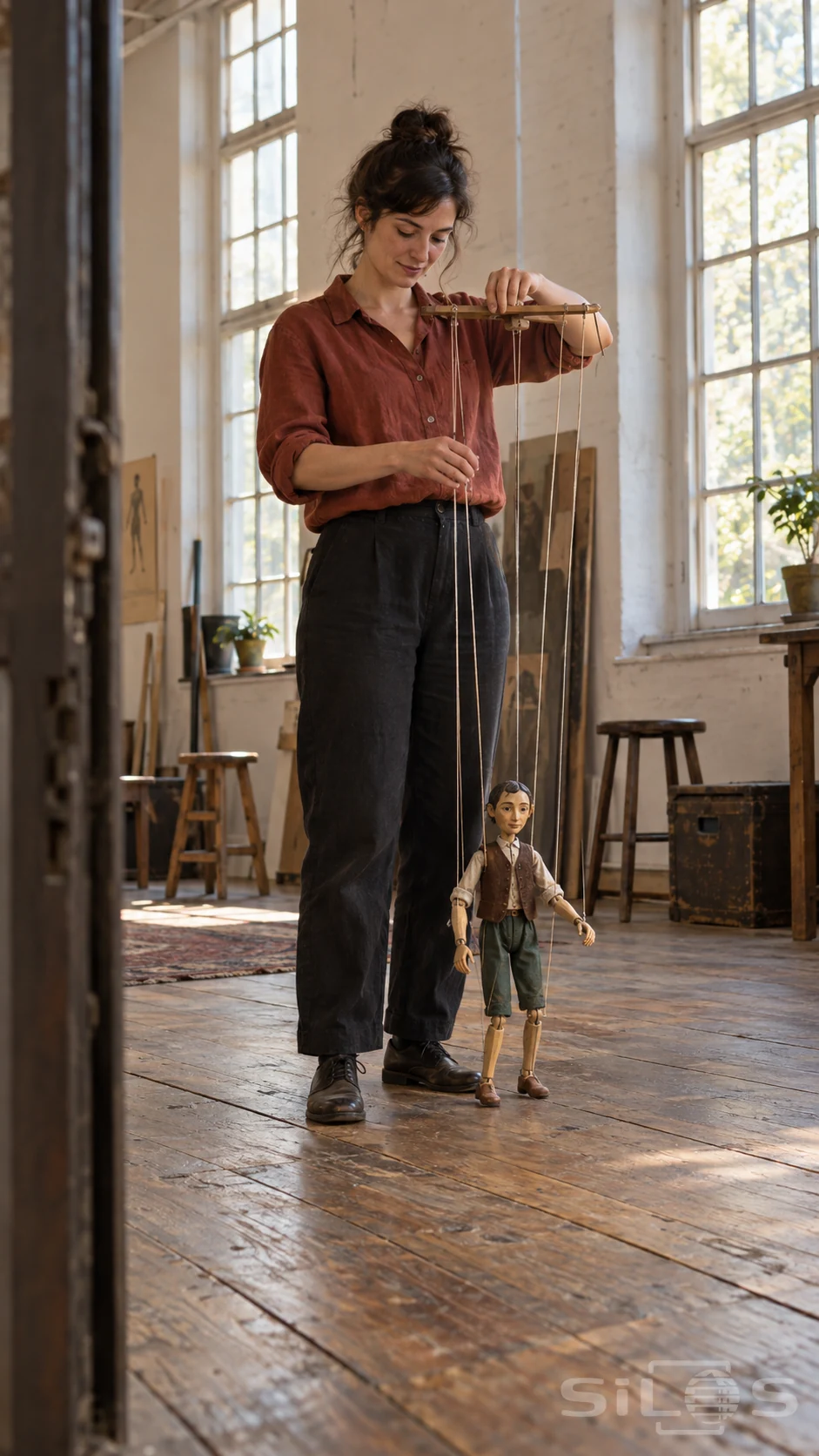 An adult puppeteer rehearses one wooden marionette in a tall daylight studio.