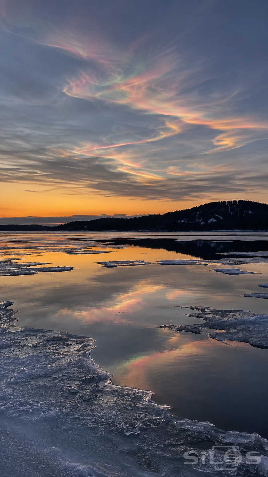 Subtle pink, green and gold iridescent cloud bands cross a twilight sky above partly frozen water, with an amber horizon and dark wooded shore.