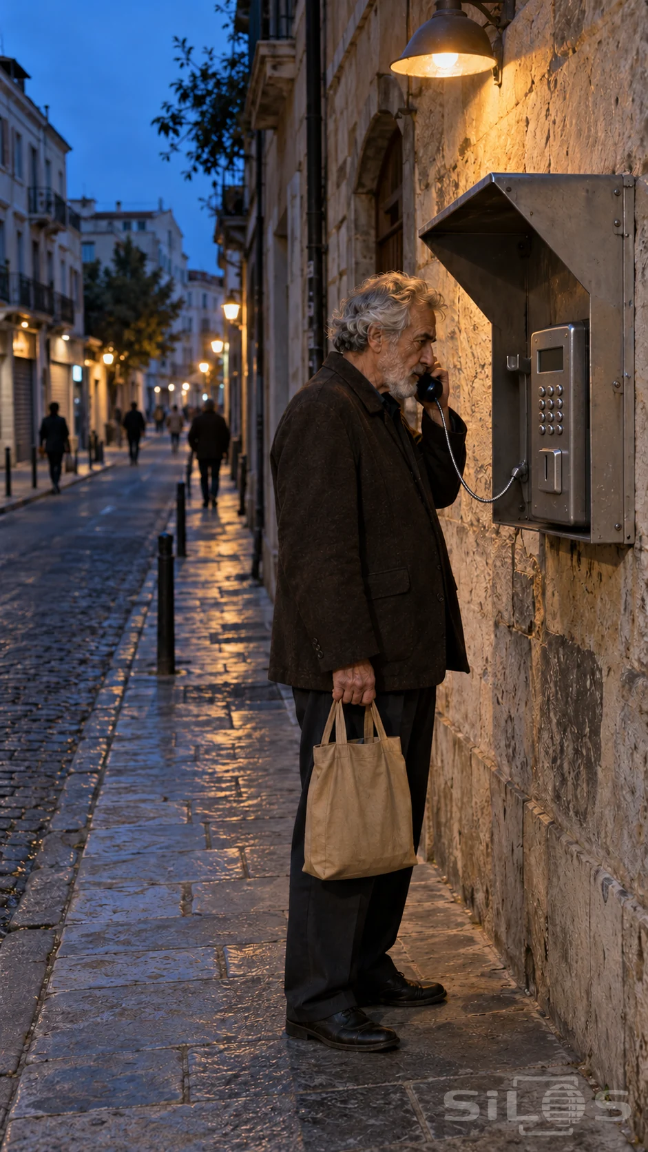 An older man holds a plain corded telephone receiver beside a wall-mounted metal kiosk, with a tan cloth bag and a blue-hour street beyond.