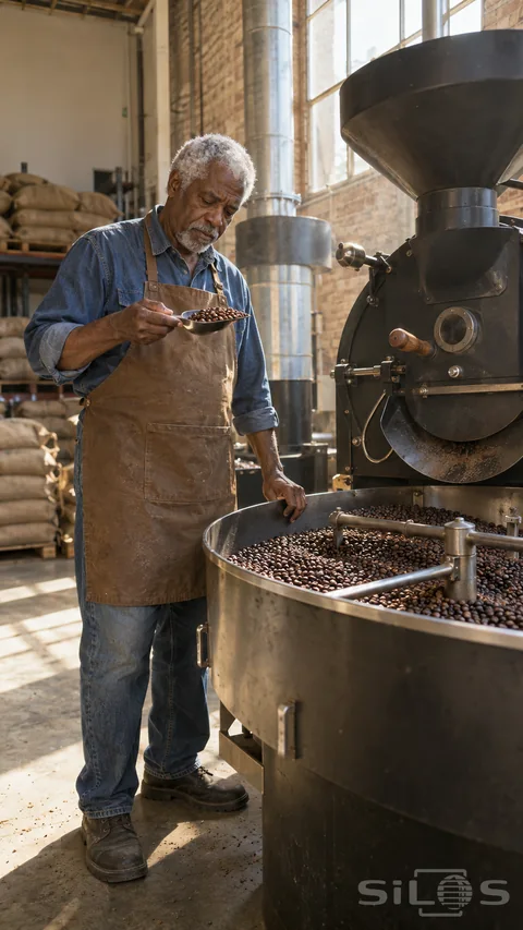 An older coffee roaster inspects a scoop of roasted beans beside a drum roaster and broad cooling tray in a daylight workshop.