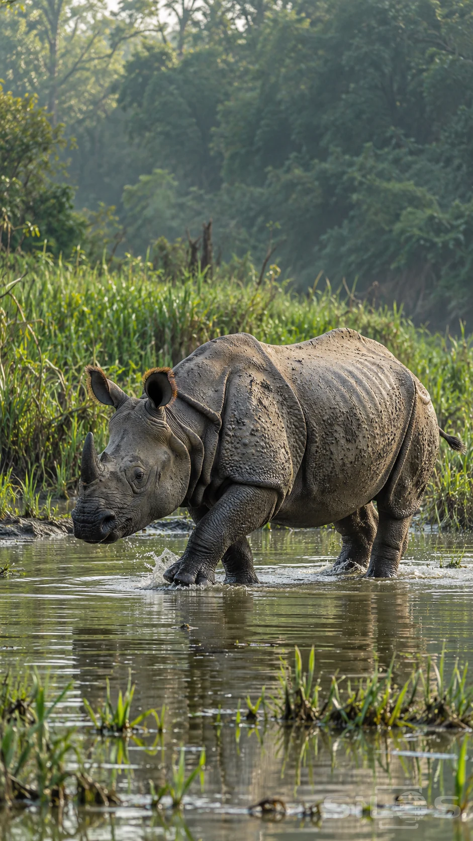 A one-horned rhinoceros steps through shallow water and reeds, making a small splash beneath softly filtered forest light.