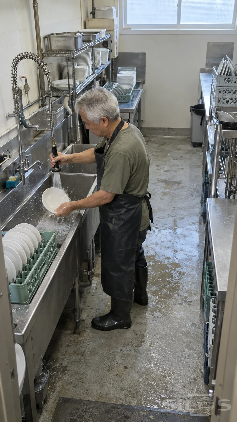 An older man in an olive shirt, dark apron and rubber boots rinses a white plate beneath a spray hose at a restaurant sink, with stacked dishes and metal shelves behind.