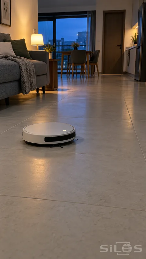 A low circular off-white robot vacuum rests on pale tiles below a raised gray sofa, with dining chairs, a closed wooden door and a blue evening window behind a warm table lamp.