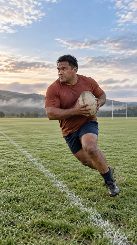 An adult rugby player in plain rust and navy clothing carries a cream oval ball while cutting across a damp practice field.