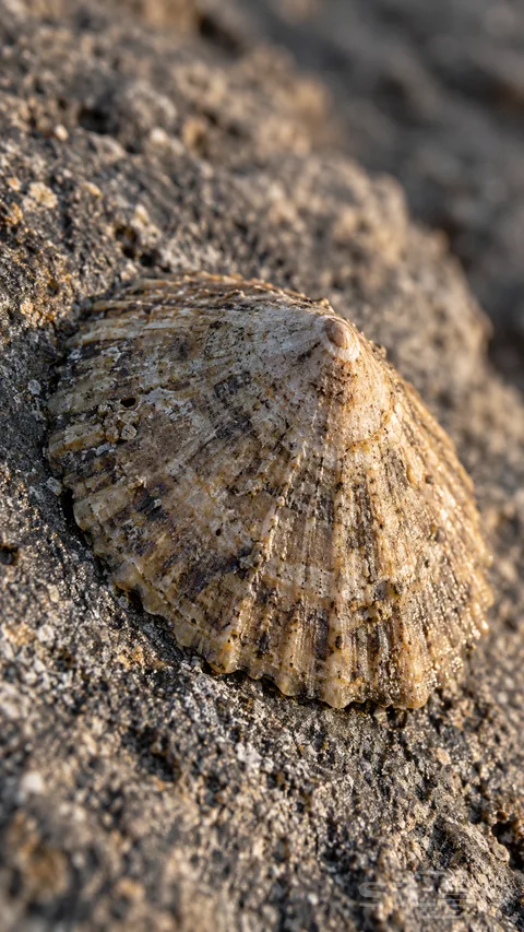 A single rough tan limpet shell with radiating ribs sits closely against gray shore rock in warm side light, with a softly blurred rocky background.