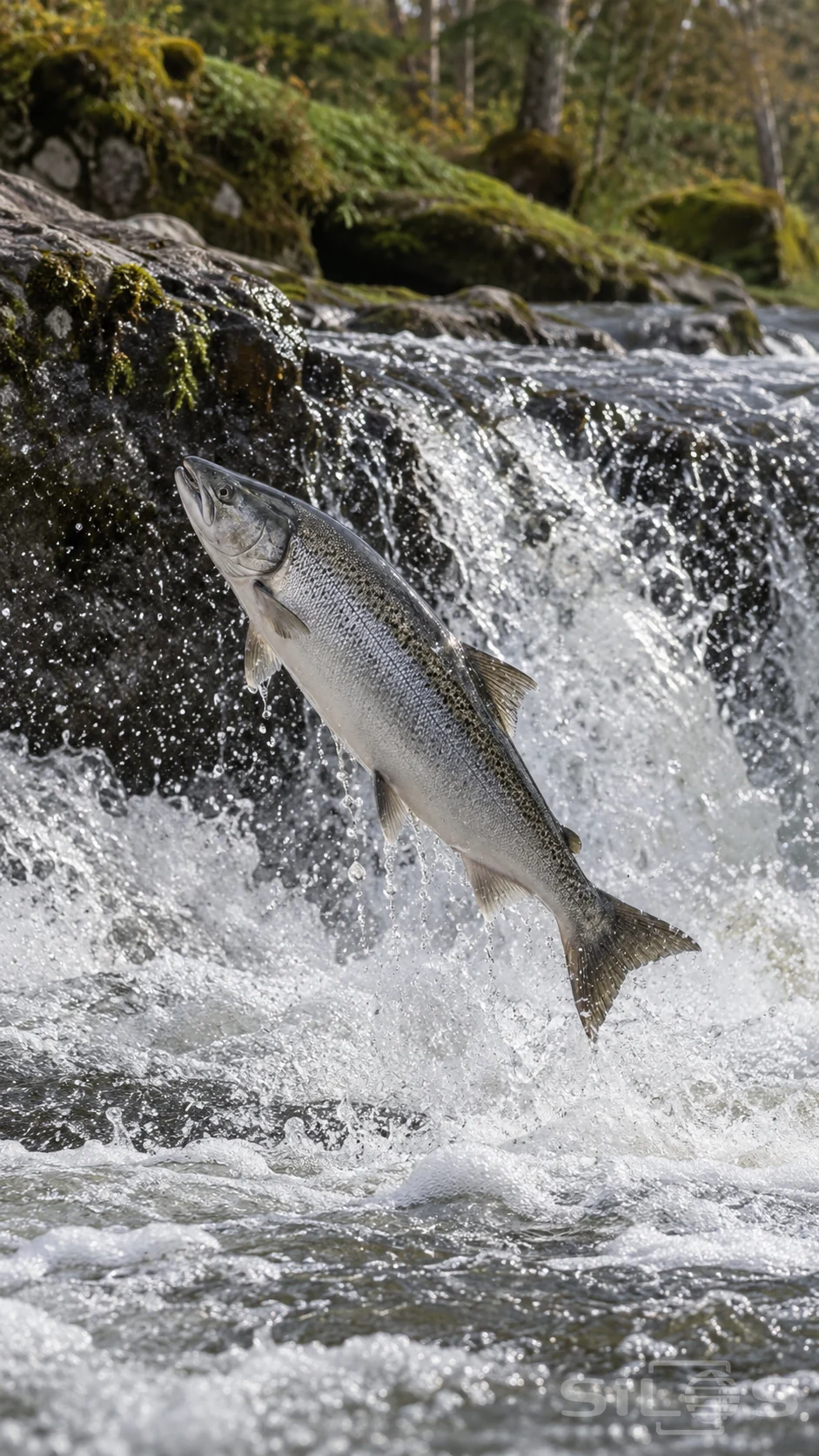 A single silver salmon leaps through spray beside a low rocky river ledge.