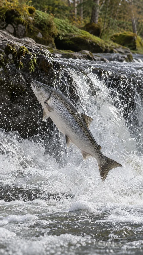 A single silver salmon leaps through spray beside a low rocky river ledge.