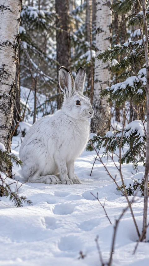 A snowshoe hare pauses in snowy birch understory; with its broad hind feet resting on the snow.