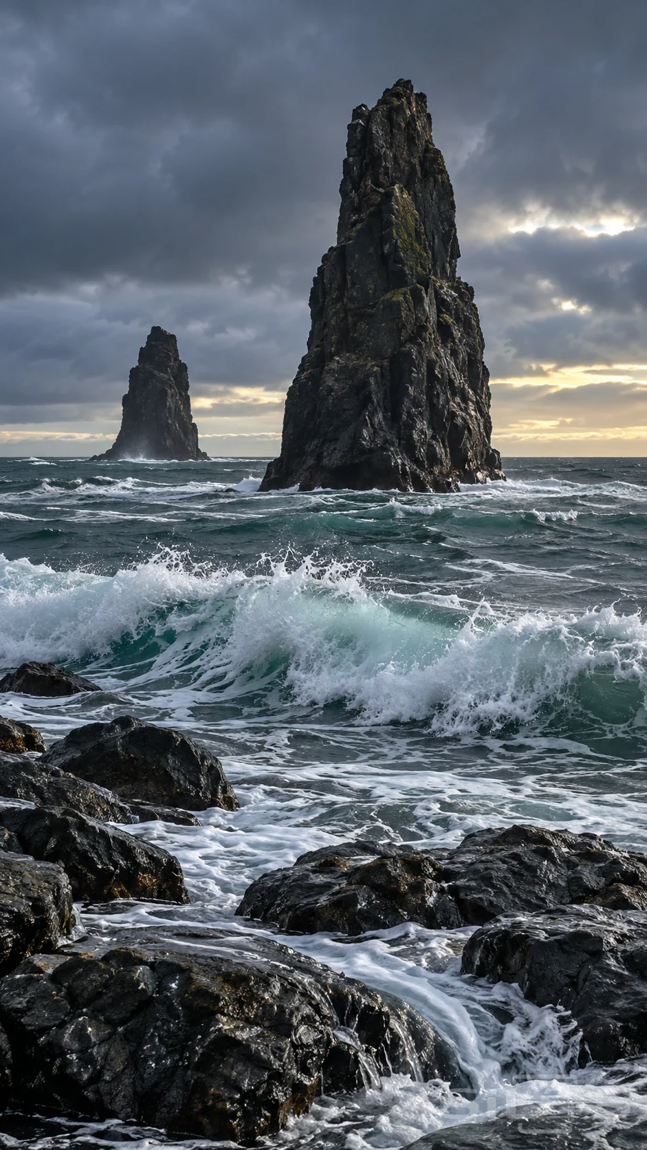 A rough breaking swell runs between wet shoreline rocks and two offshore sea stacks below rain clouds.