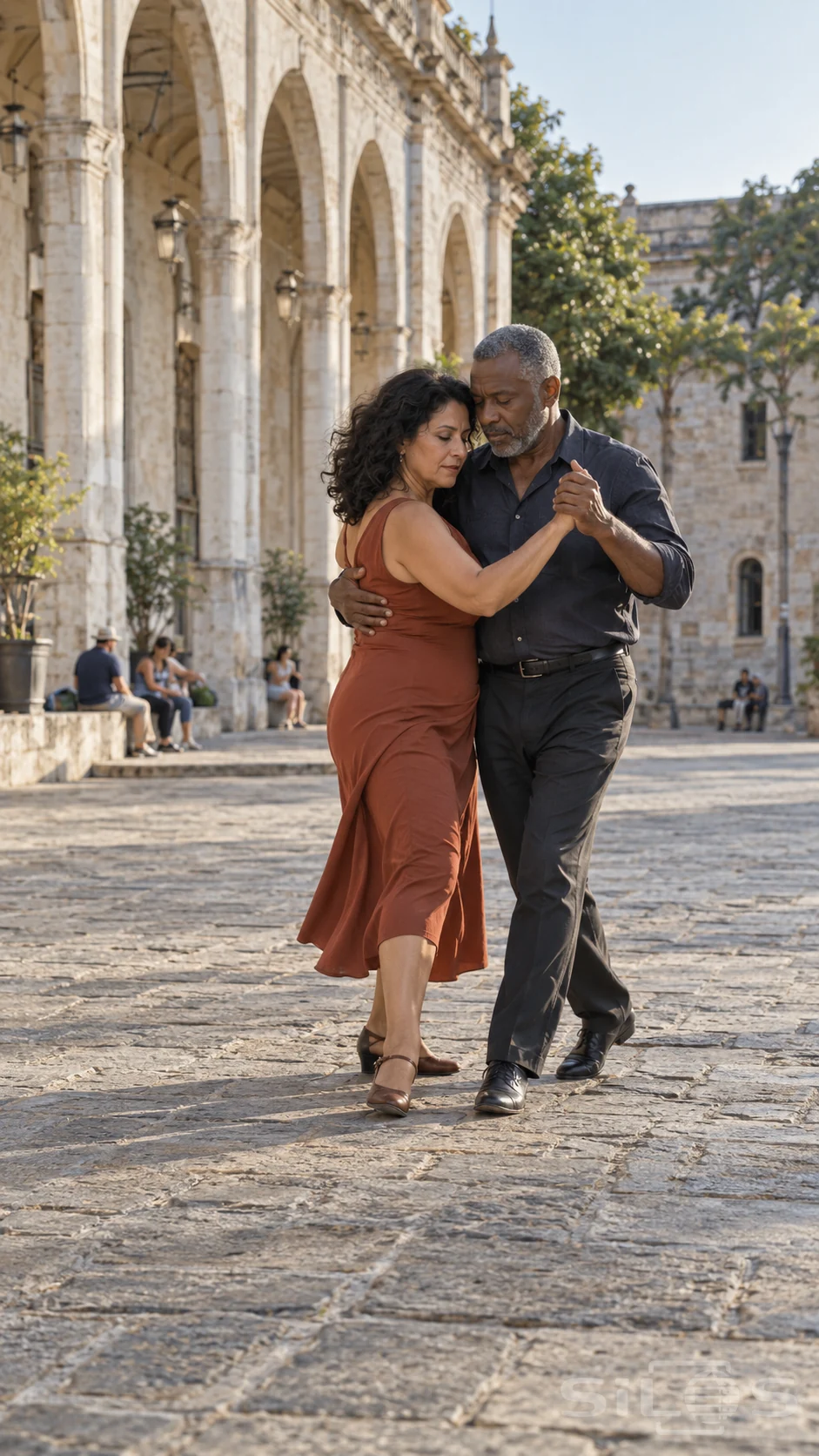 A middle-aged couple in a rust dress and charcoal shirt shares a grounded tango step on a stone plaza, with tall arcades and distant seated adults behind.