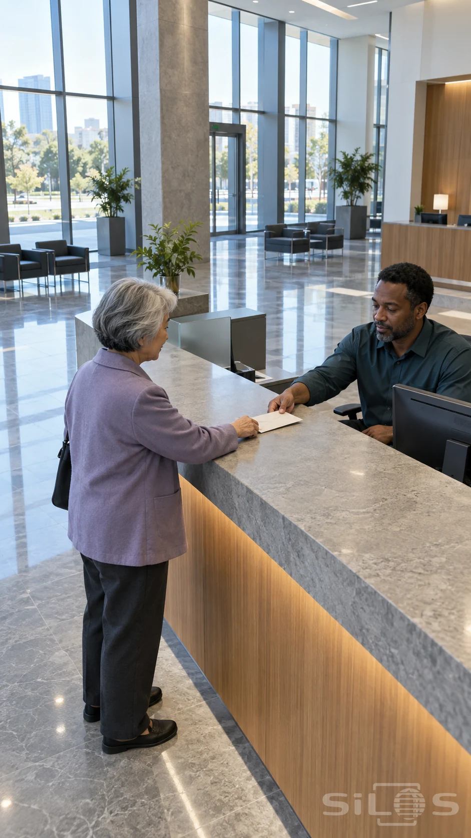 An older silver-haired woman in a lavender jacket stands at a stone counter facing a seated man in a dark teal shirt; their hands touch a plain envelope, with tall windows and waiting chairs behind.
