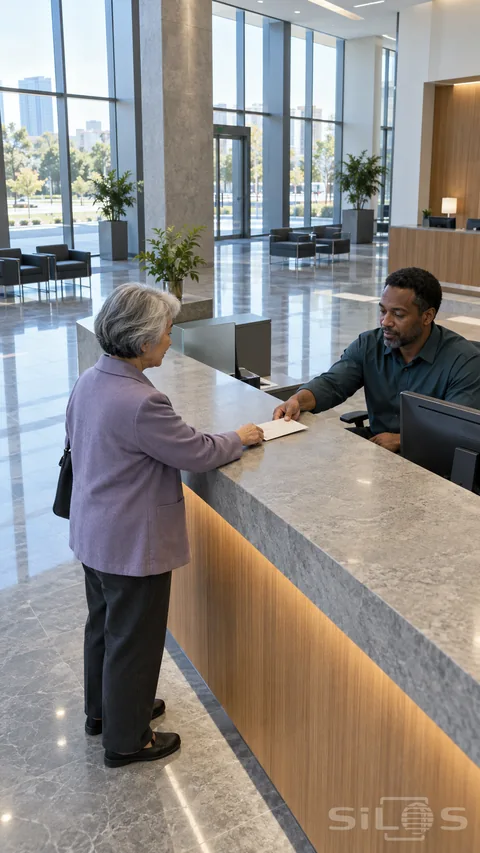 An older silver-haired woman in a lavender jacket stands at a stone counter facing a seated man in a dark teal shirt; their hands touch a plain envelope, with tall windows and waiting chairs behind.