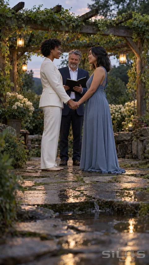 Two adult women holding hands in a leafy garden while a third adult holds an open dark book, warm lanterns above and damp stones below.