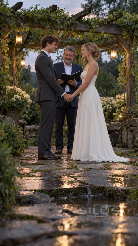 A young bride and groom join hands beneath a lantern-lit garden pergola as an officiant reads from a book.