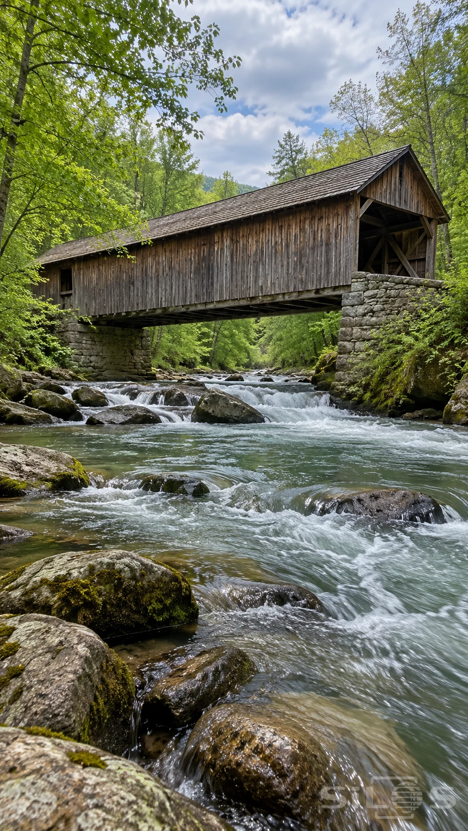 A weathered wooden covered bridge rests on stone abutments above a flowing rocky stream framed by green deciduous woodland.