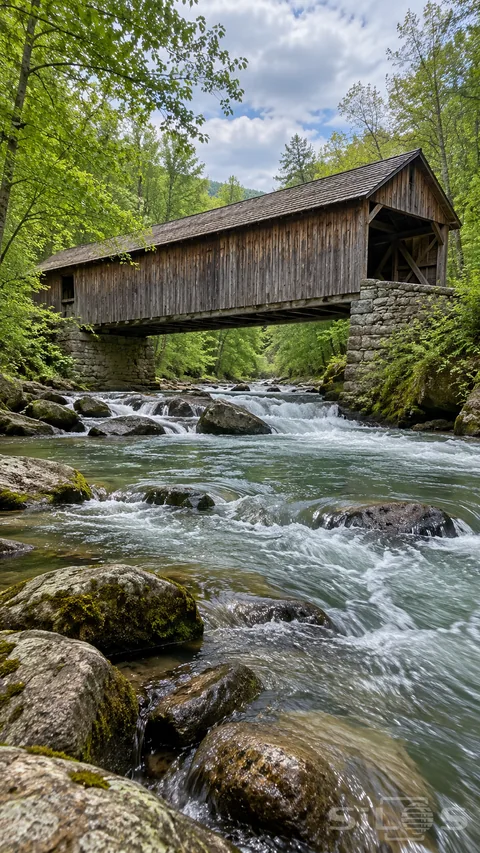 A weathered wooden covered bridge rests on stone abutments above a flowing rocky stream framed by green deciduous woodland.