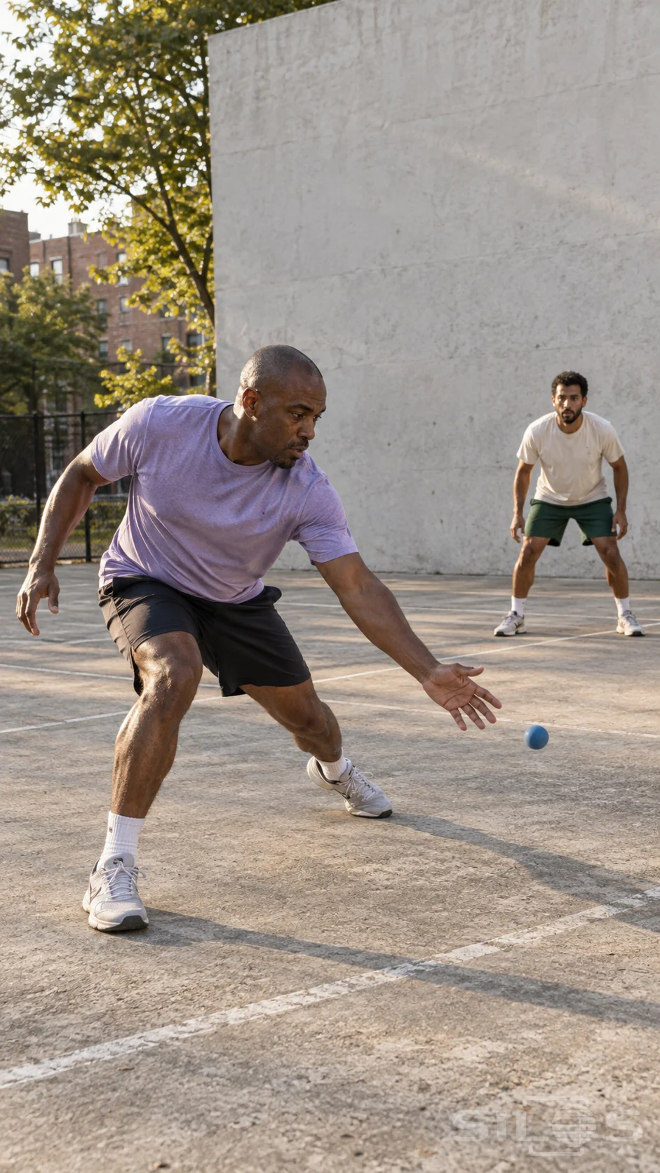 Two adult men play one-wall handball on a sunlit neighborhood court.