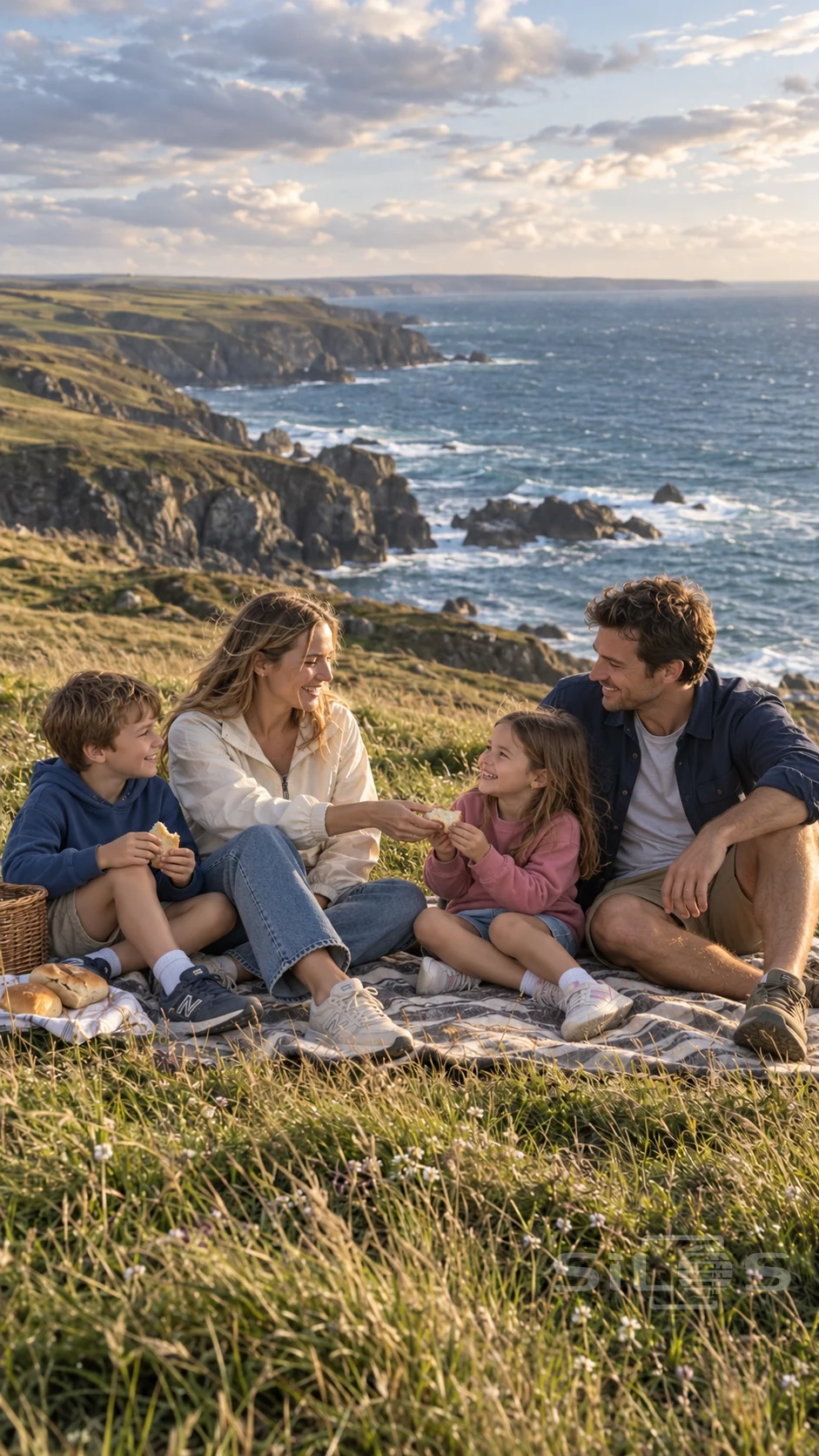 A mother, father and two children share bread on a picnic blanket above a dramatic rocky coastline.