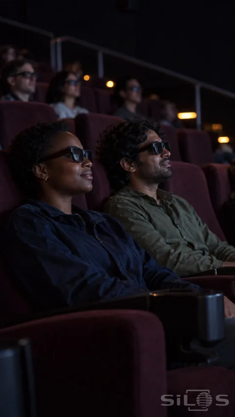 Two adults wearing plain3D glasses sit beside each other in a dark cinema with burgundy seats and softly lit audience rows behind.