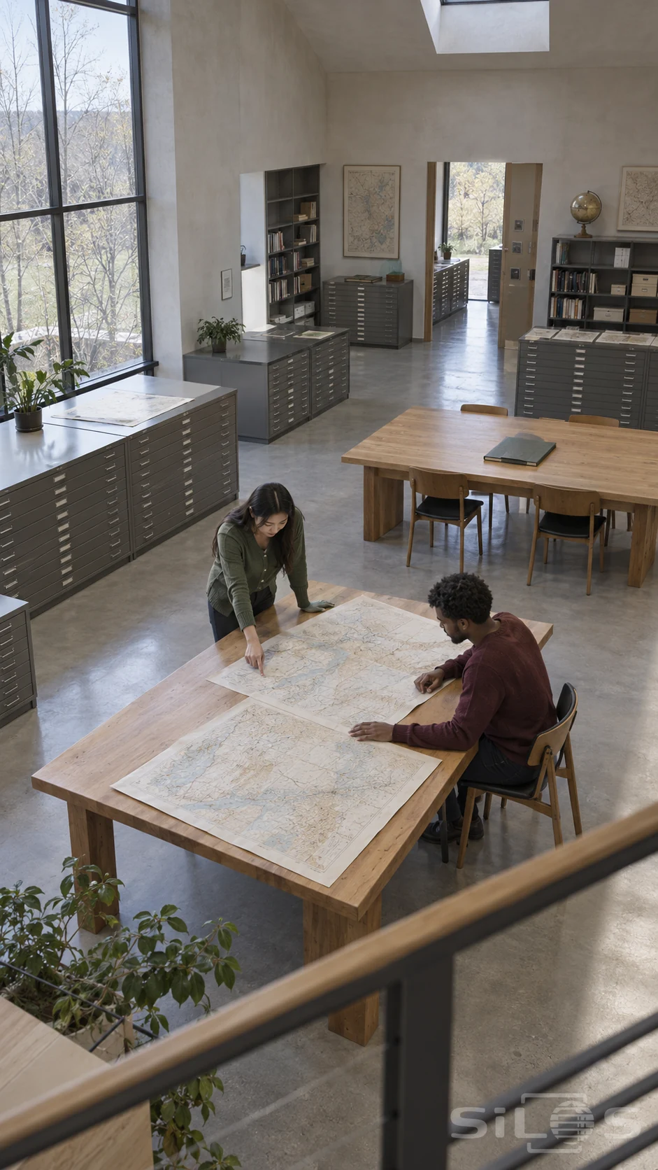 High view of two adults examining map sheets on a wooden table in a daylight reading room with shallow file cabinets, shelves and tall windows.
