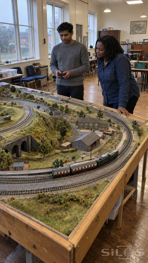 Two adults beside a model railway table; one holding a wired controller as a small steam train and coaches follow curved tracks in a window-lit hall.
