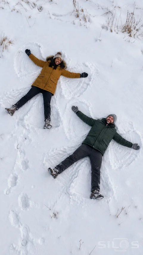 Two adult friends in ochre and green coats lie in snow with spread arms and legs; making separate snow angels.