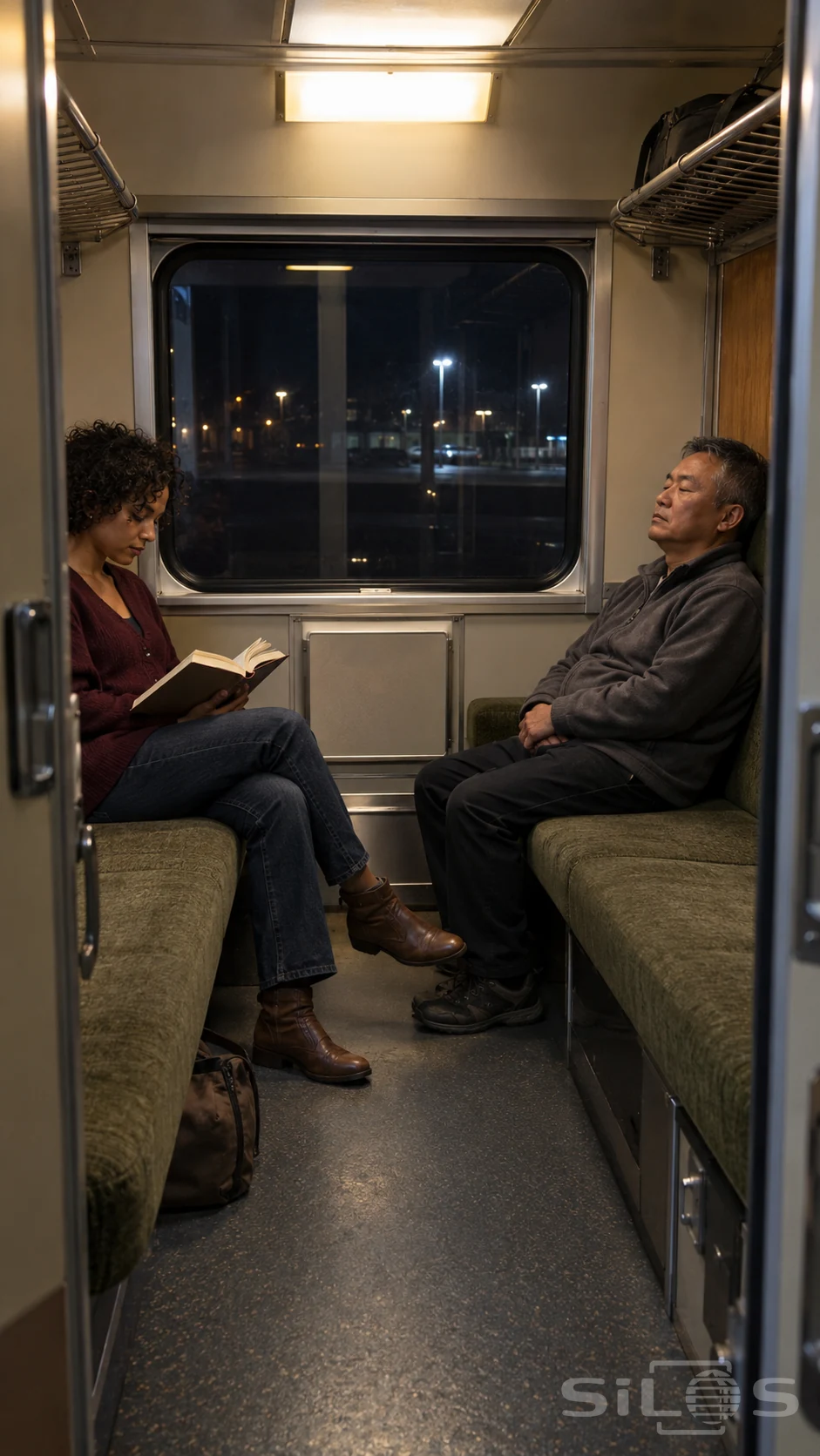 A woman reading and a gray-haired man resting on opposite olive benches in a warmly lit night train compartment, viewed through its doorway.