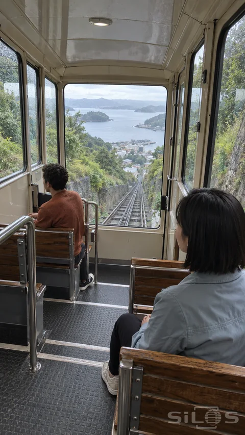 Two adults on wooden benches in a tiered funicular carriage with descending tracks visible through its front windows.