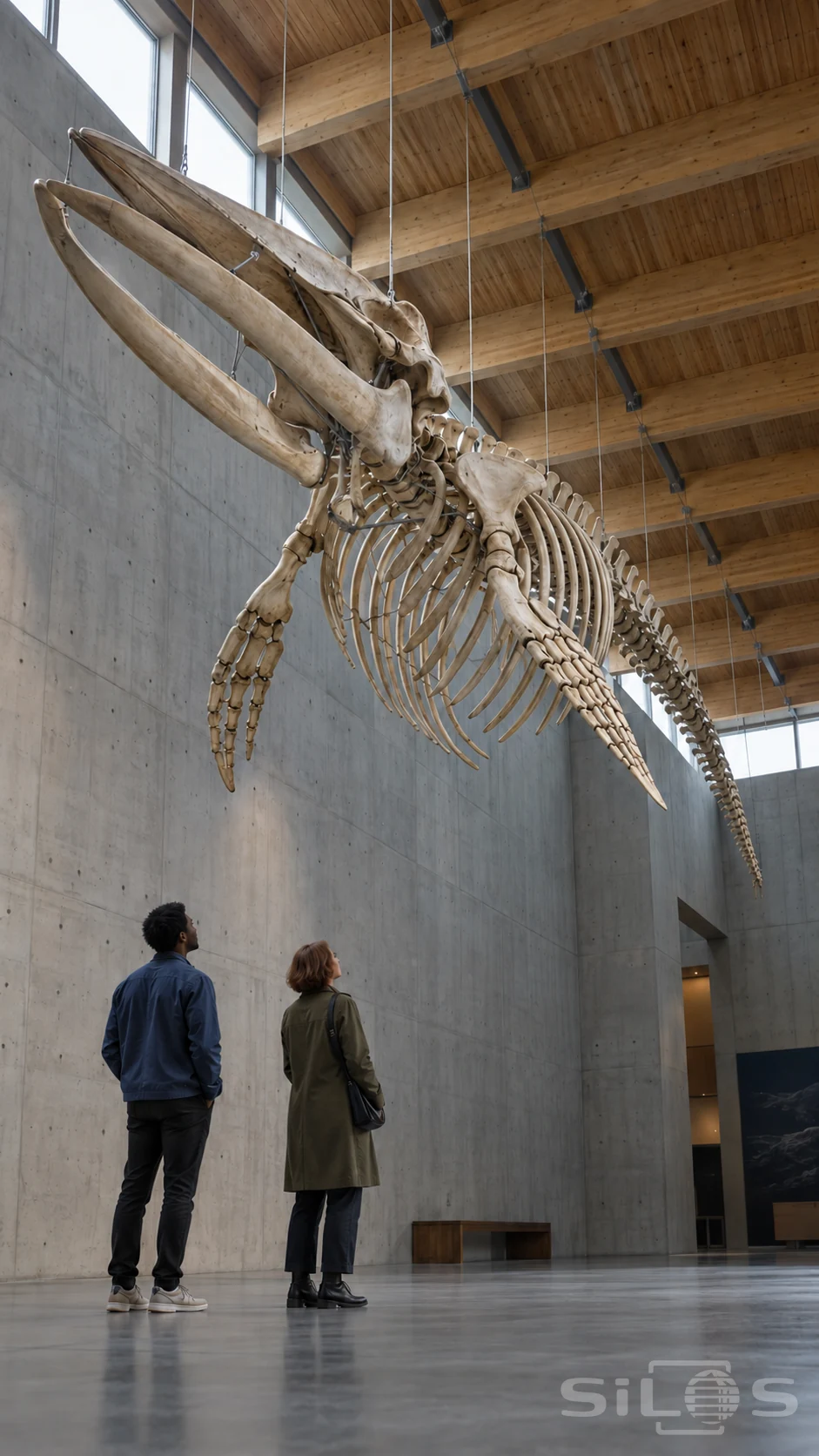 Two adults standing on a museum floor beneath a suspended whale skeleton with skull, ribs, foreflippers and a tapering tail chain.