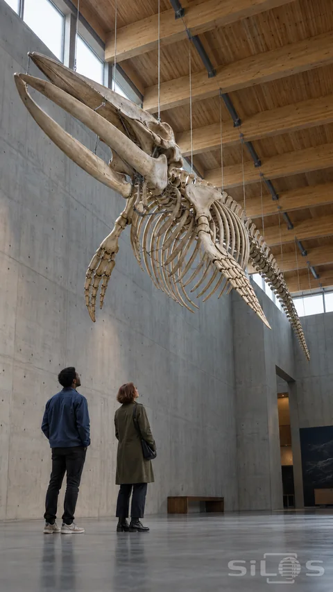 Two adults standing on a museum floor beneath a suspended whale skeleton with skull, ribs, foreflippers and a tapering tail chain.