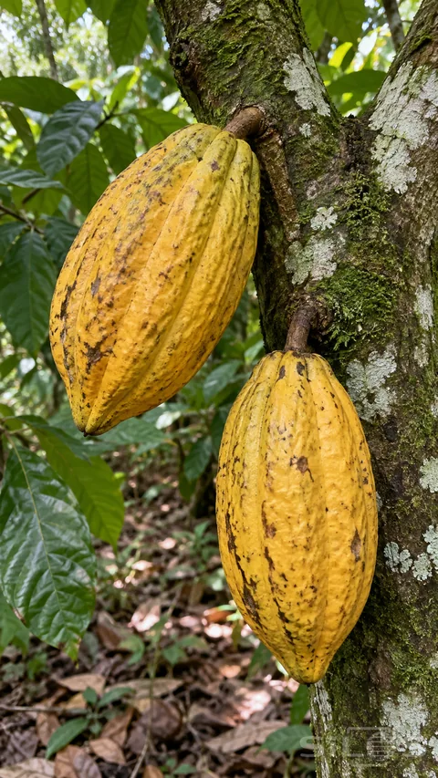 Two yellow ridged cacao pods attach to a mossy tree trunk amid broad green leaves and dappled tropical garden light.
