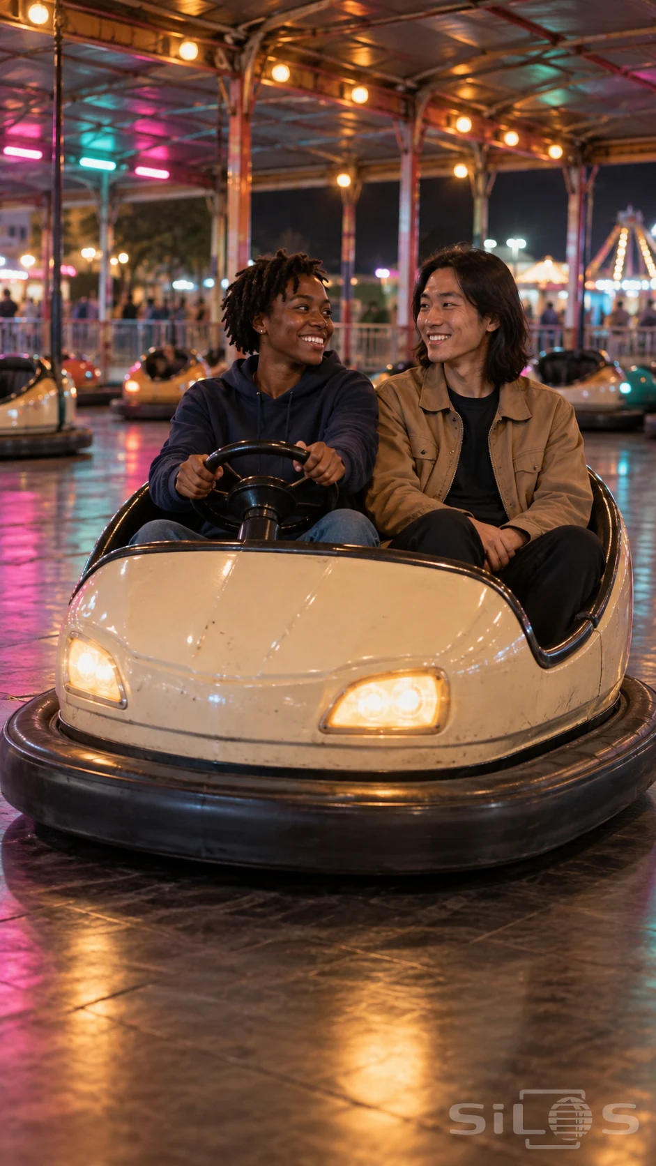 Two smiling young adults seated side by side in a cream bumper car, driver holding one steering wheel with both hands, warm bulbs and pink-teal reflections across the pavilion floor.
