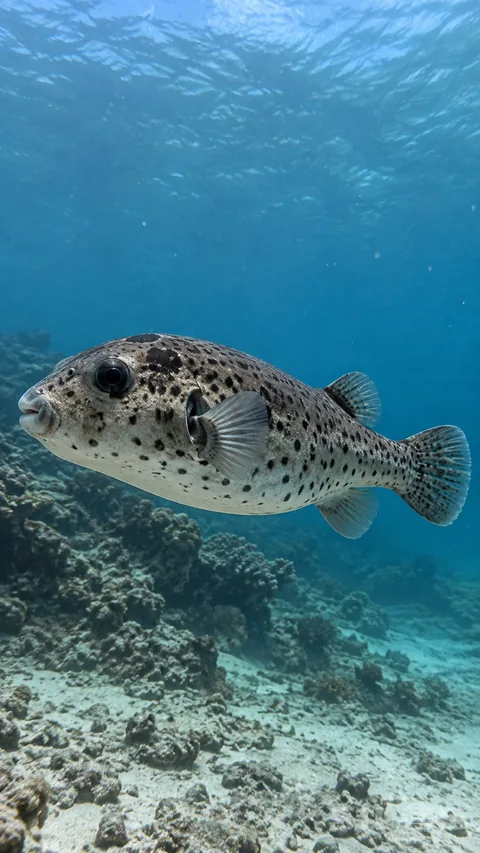 A full uninflated gray spotted pufferfish swims left through blue water above pale sand and reef rubble, with attached translucent fins and its tail inside the frame.