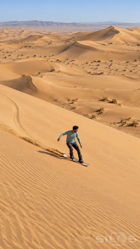 Small adult man in a teal shirt and dark trousers balances on one sandboard with two boots and bindings on a broad sunlit dune, trail and shadow behind.