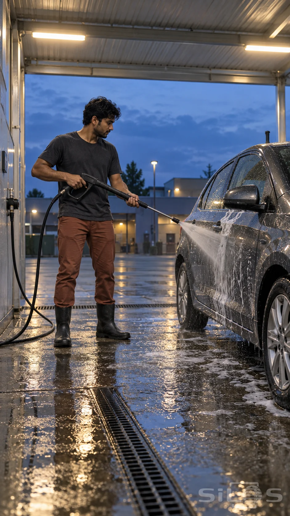 Young adult in plain charcoal shirt and rust trousers holding a wash lance with both hands beside a silver car at blue hour, water spraying the door and reflecting on the wet bay floor.