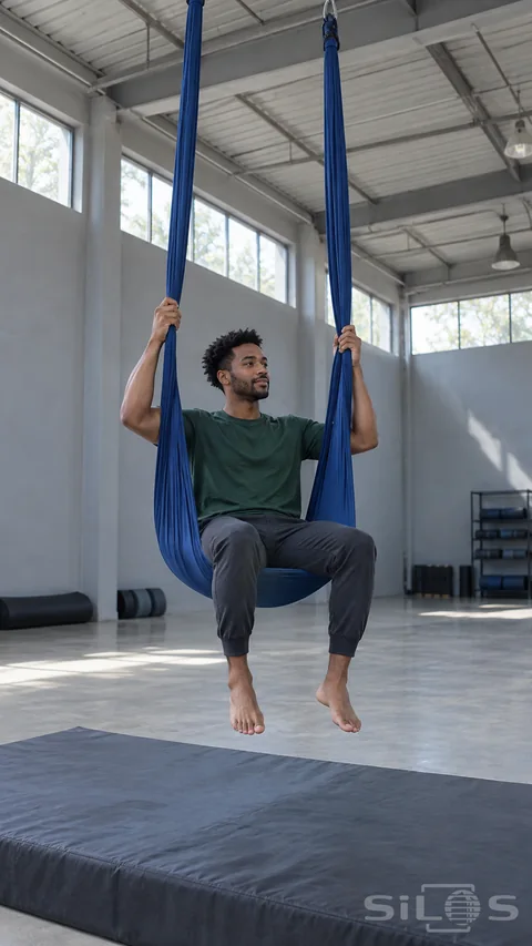 A young adult man sits in a blue aerial fabric hammock holding both sides, with bare feet above a crash mat in a daylight hall.
